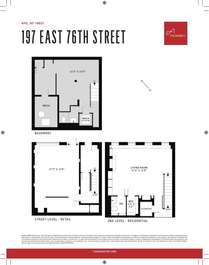 Floor plan of 197 E 76th Street: basement, street level and second level