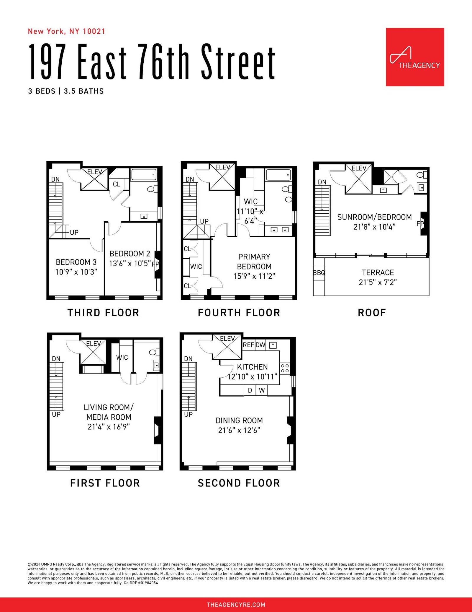 Floor plan of 197 E 76th Street HOUSE: first to fourth floors and roof