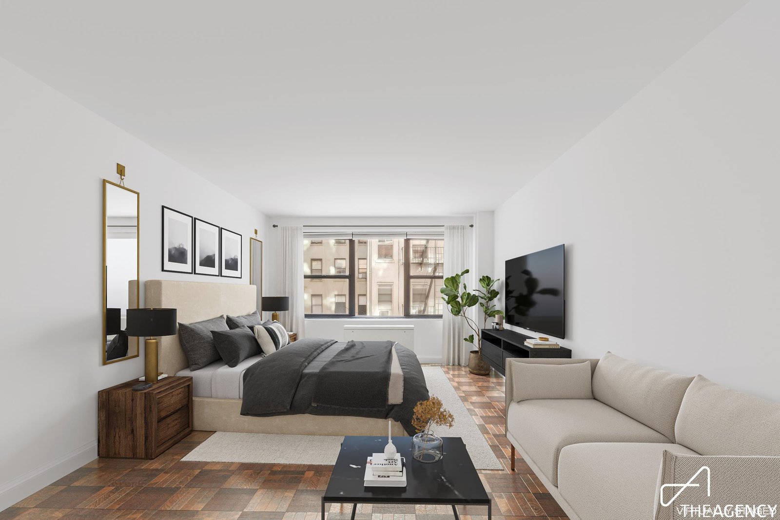 Room furnished with a bed and a sofa at 200 E 27th Street 2-S