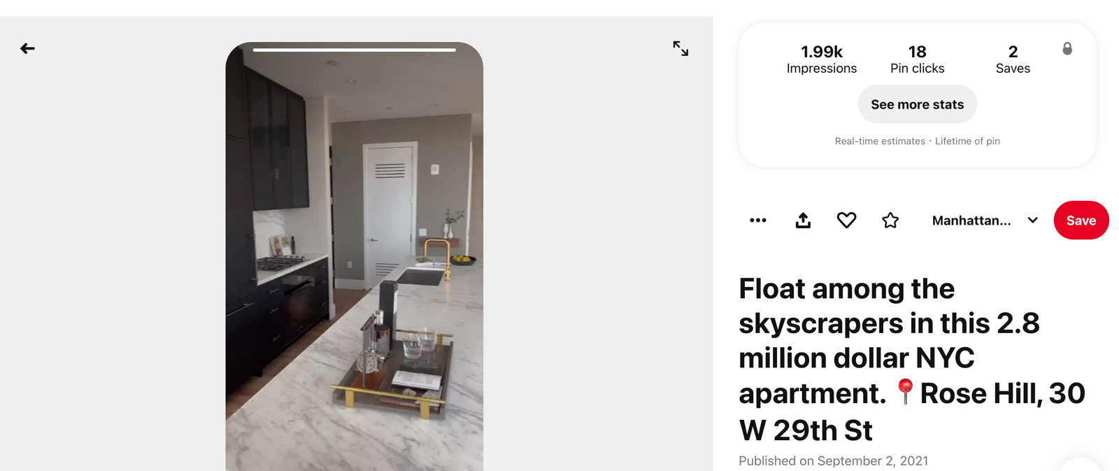 Pin statistics for a post about a Rose Hill apartment at 30 W 29th St