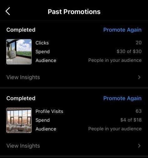 Past Promotions screen listing two completed promotions