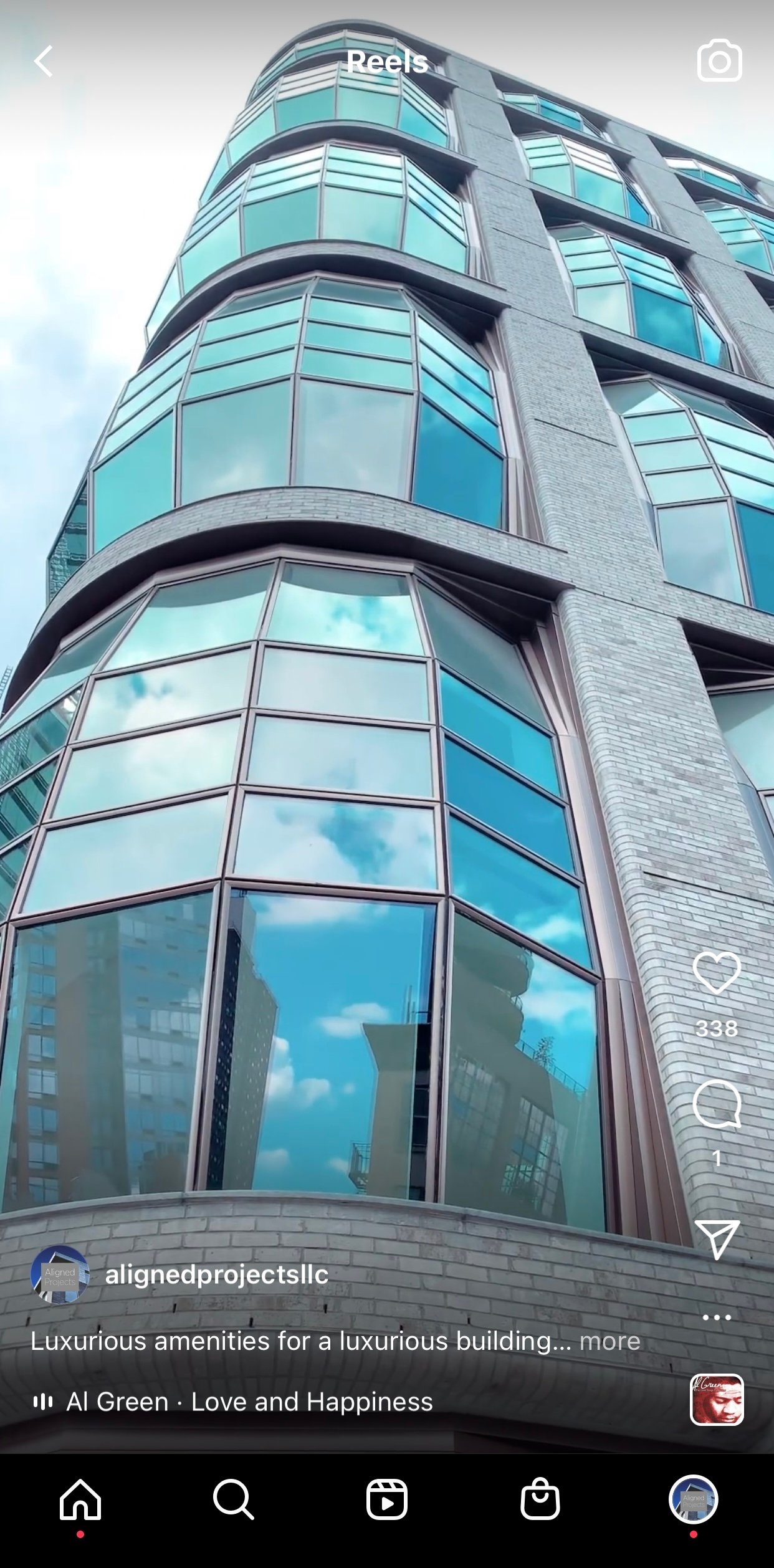 Instagram reel of a glass-fronted apartment building, captioned “Luxurious amenities for a luxurious building”