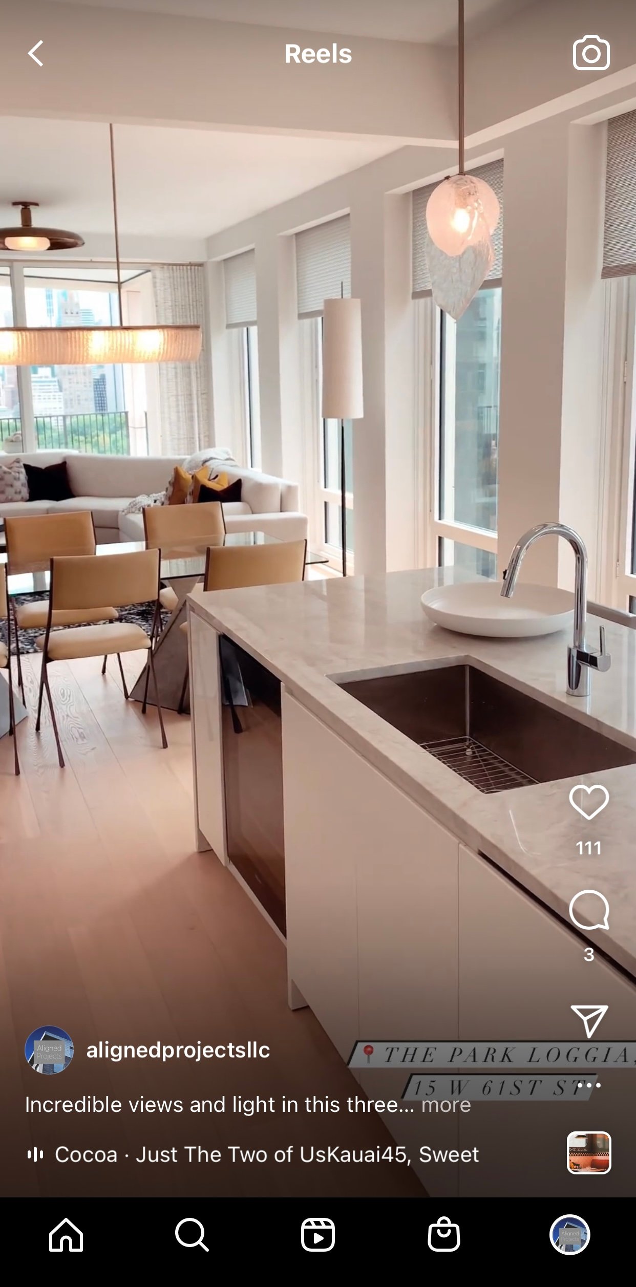 Instagram reel of an apartment kitchen and living area, captioned “Incredible views and light in this three…”