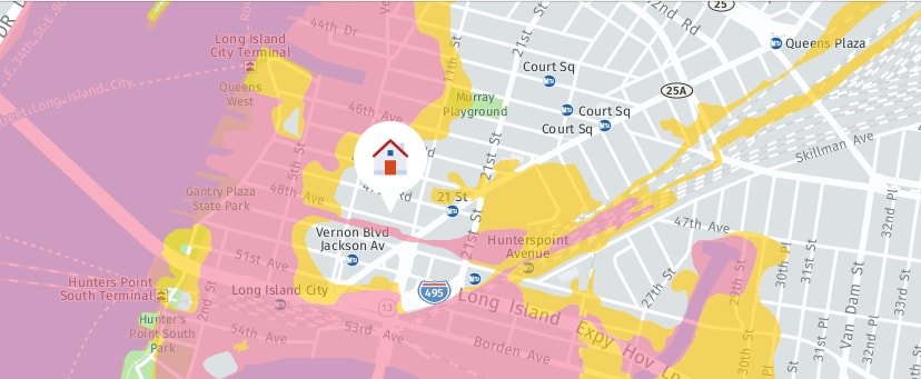Flood zone map of Long Island City around Vernon Blvd–Jackson Av