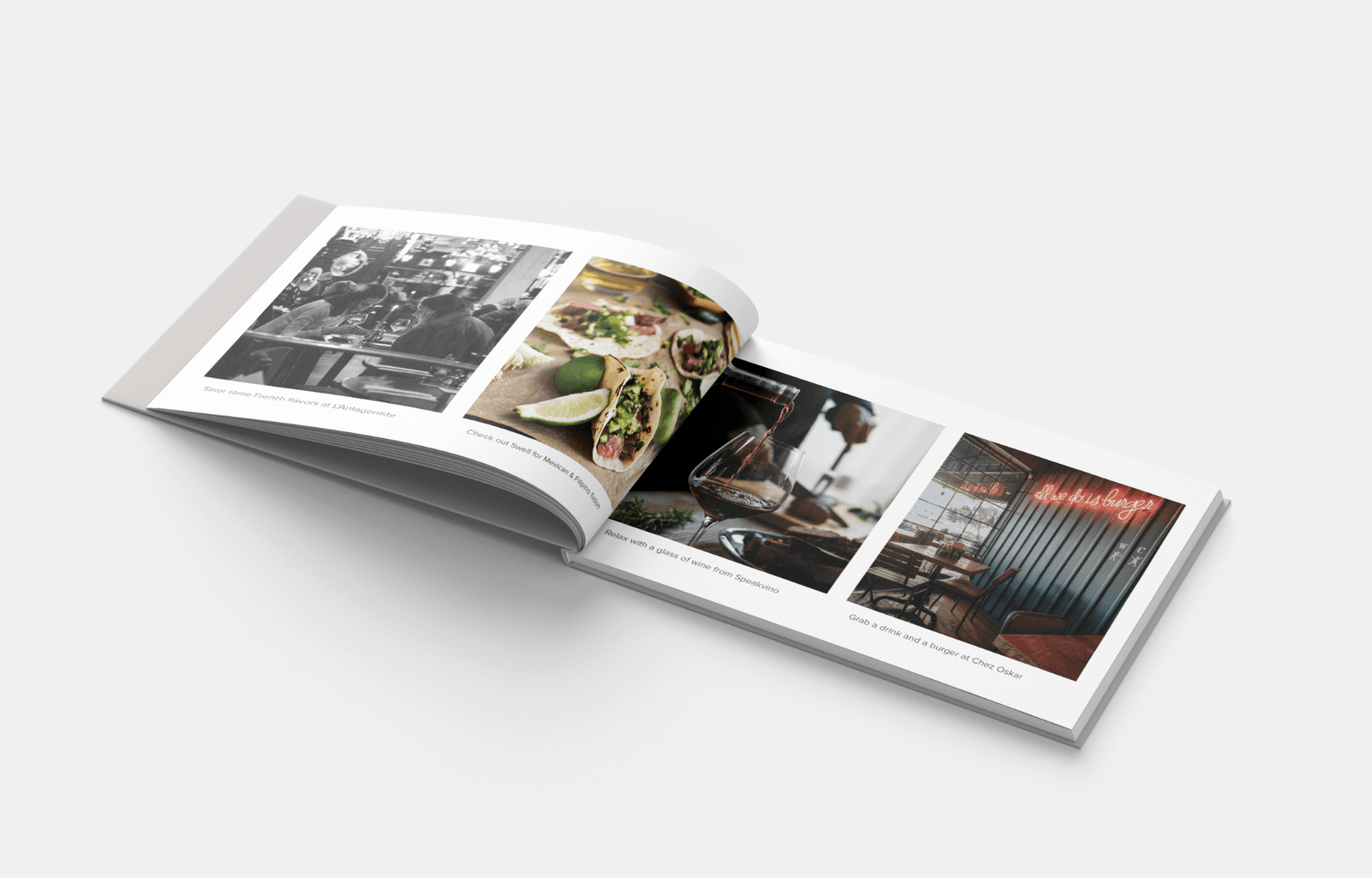 Open brochure spread with food and interior photographs