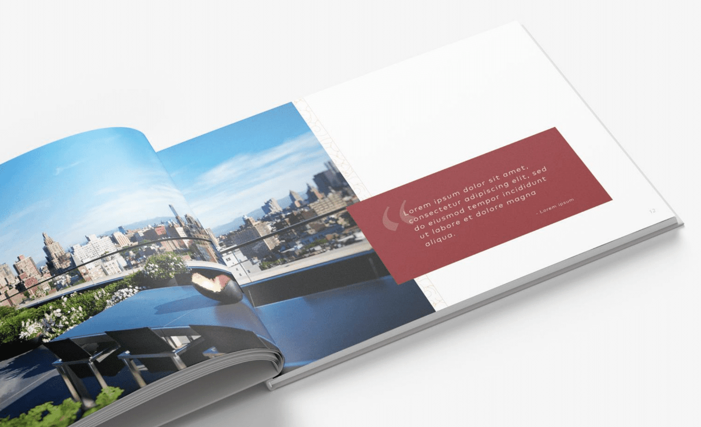 Open brochure spread with a skyline photograph