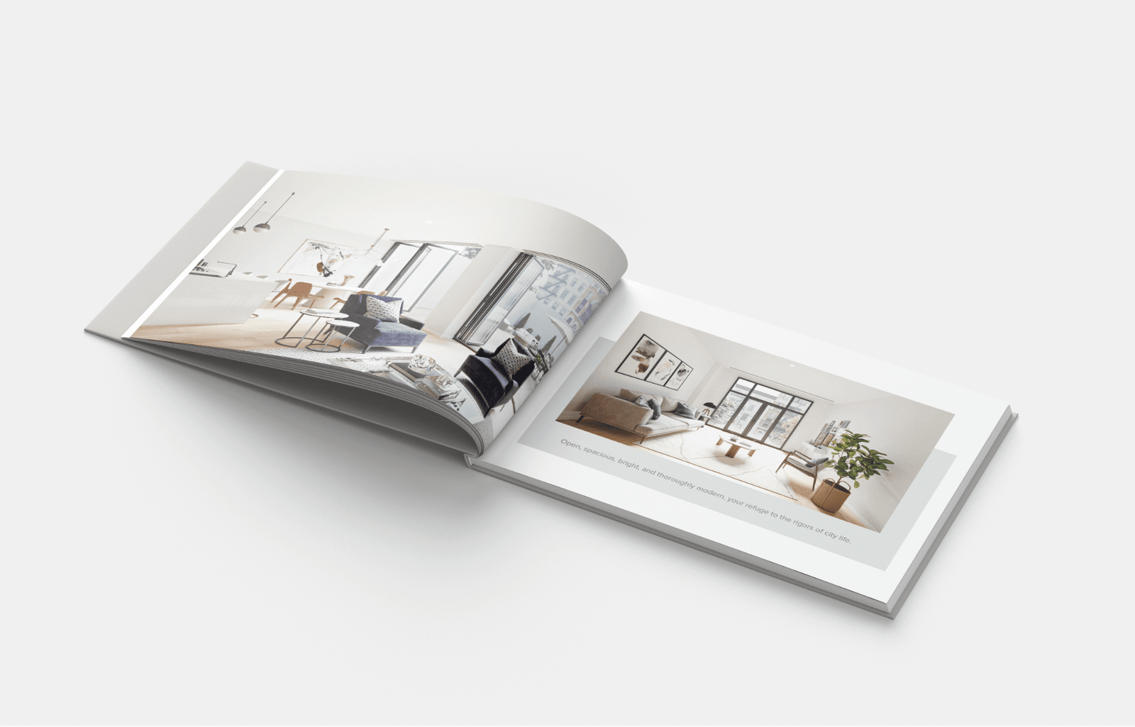 Open brochure spread with interior photographs