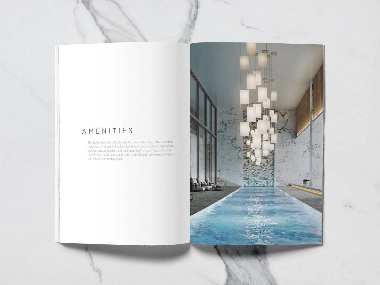 Brochure spread titled “Amenities” with a photograph of a pool