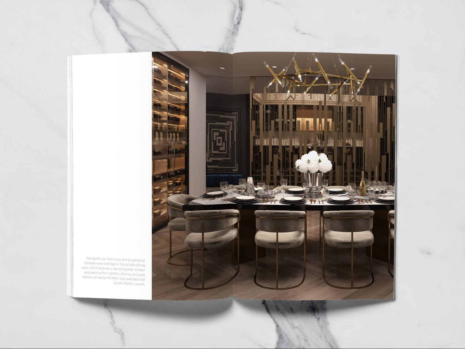 Brochure spread showing a dining room