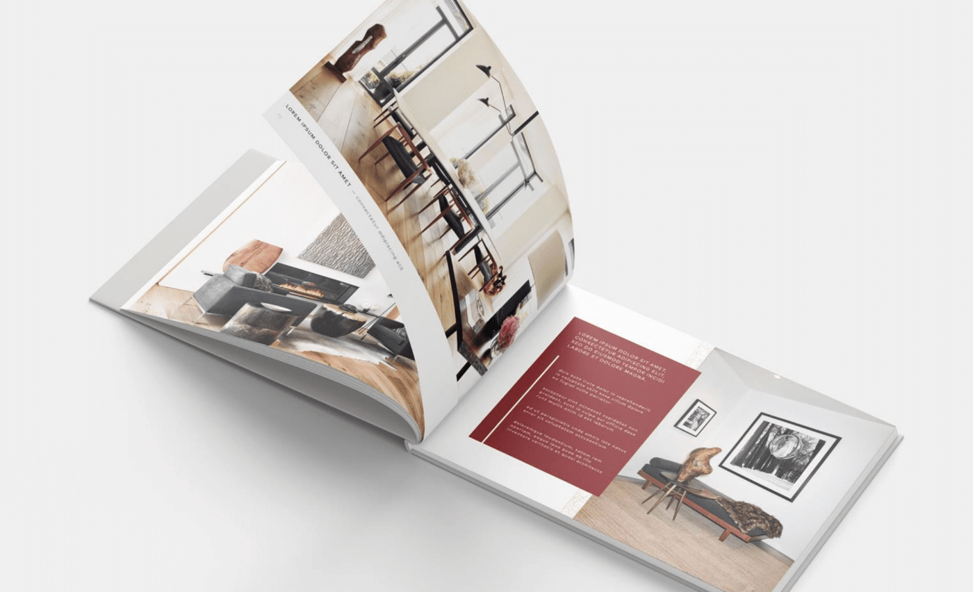 Brochure with pages turning, showing interior photographs
