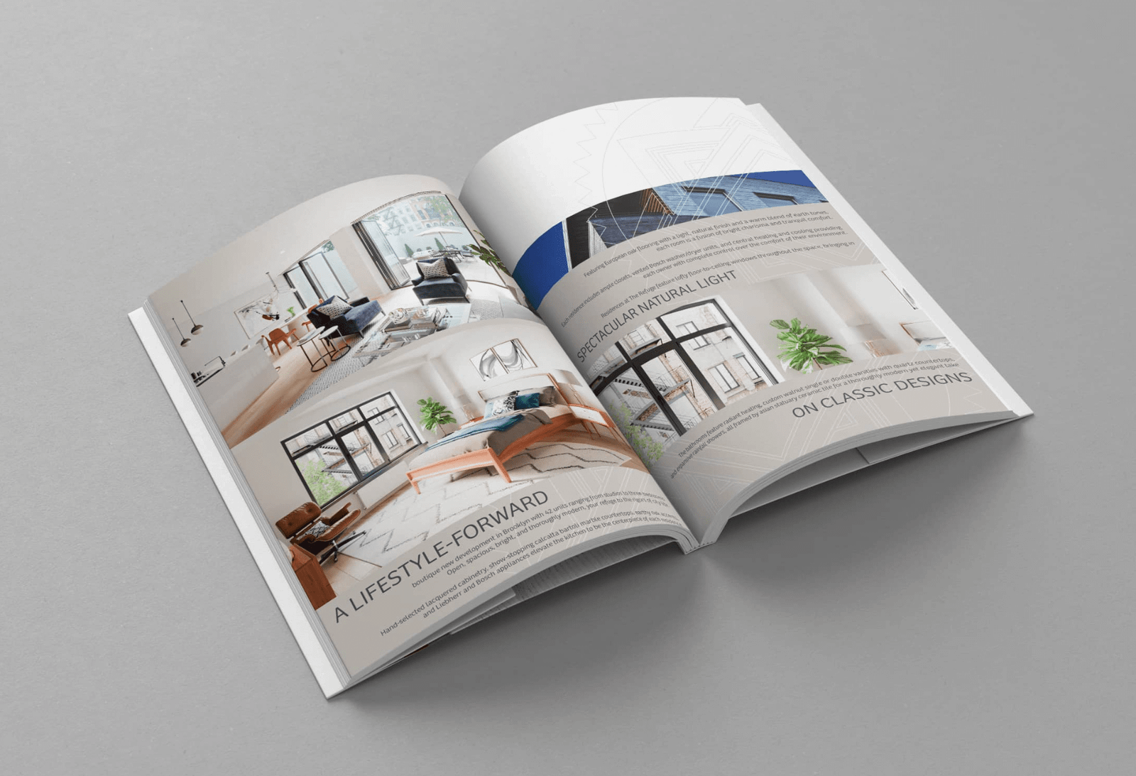 Open brochure spread with interior and exterior photographs